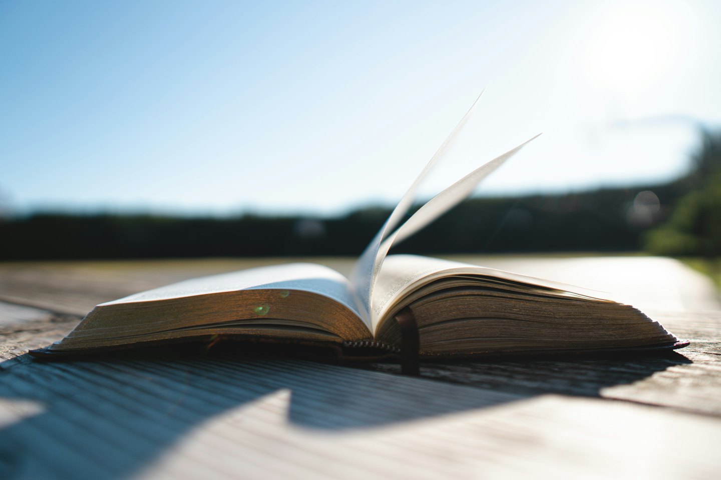 An open book rests on a wooden table outdoors.