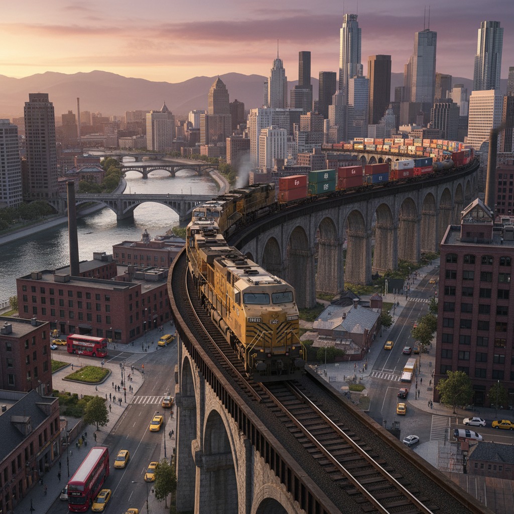 A long freight train loaded with colorful shipping containers curves across a high stone viaduct overlooking a city at sunset.